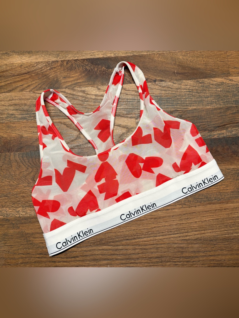 Calvin Klein White Mesh Bralette with Red Heart Print